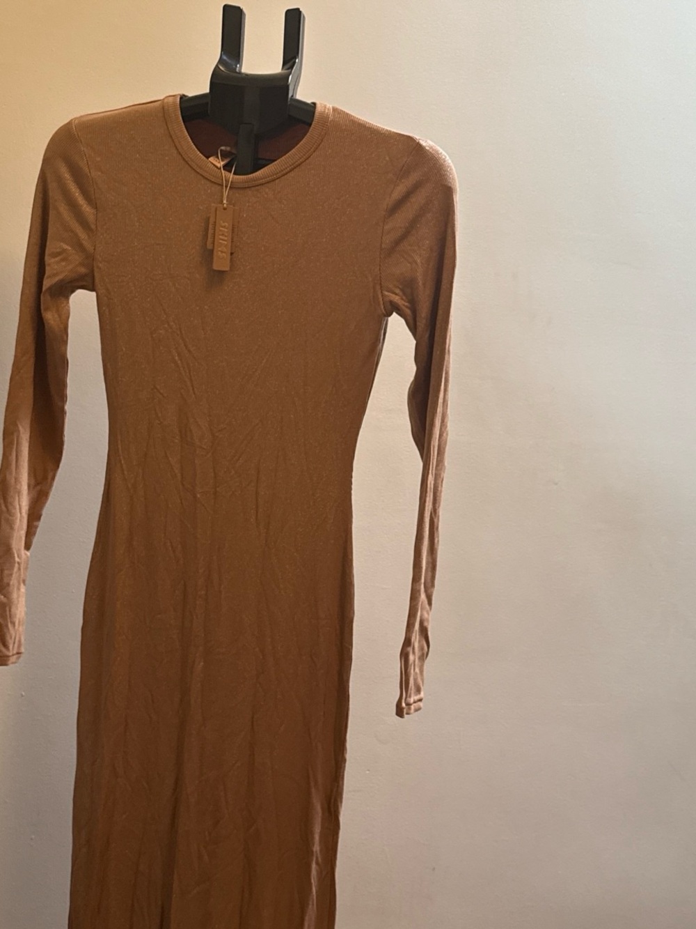 SKIMS Long-Sleeve Ribbed Dress in Camel Brown